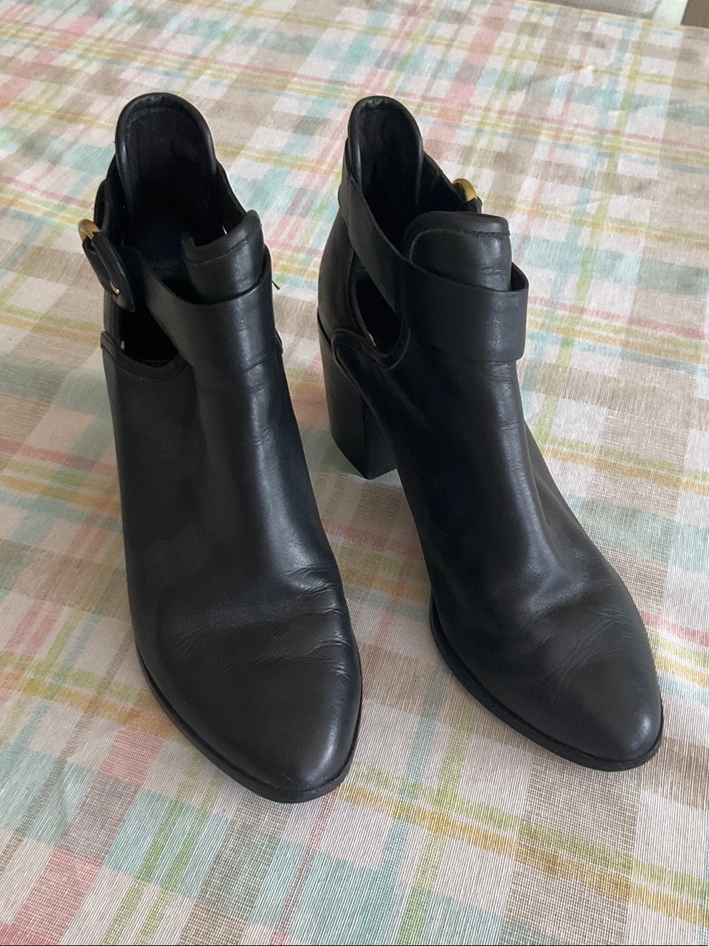 Ted Baker London Black Leather Cutout Ankle Booties with Gold Buckle size 38